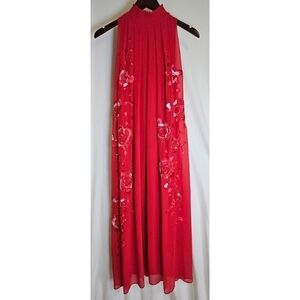 Coromandel Red High Neck Line Floral Embroidery Tent Dress